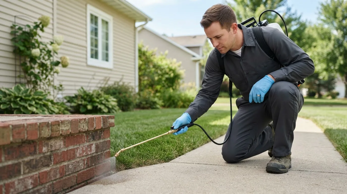 Pest control technician treating a home near Reserve, MT